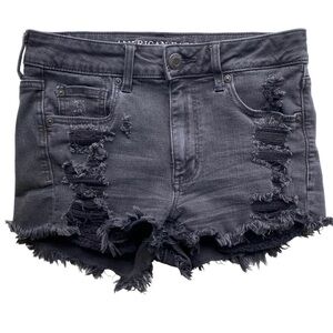 American Eagle Black Jean Shorts Size 6 Hi High Rise Shortie Cut Off Distressed